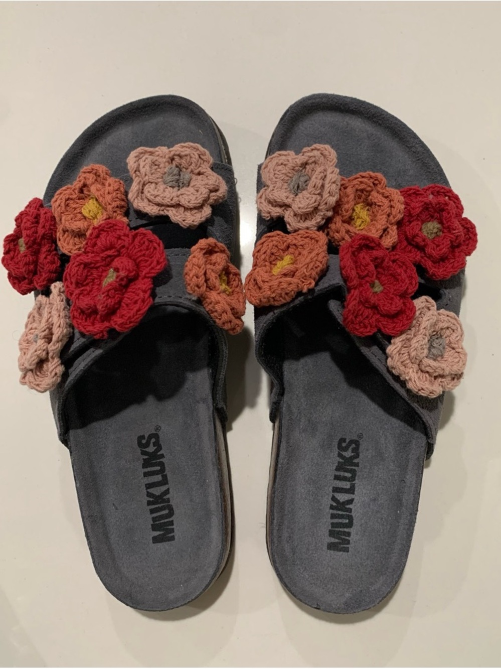 MukLuks Women's Slide Sandals with Crochet Flower Embellishments, Boho, 6 - Picture 2 of 6